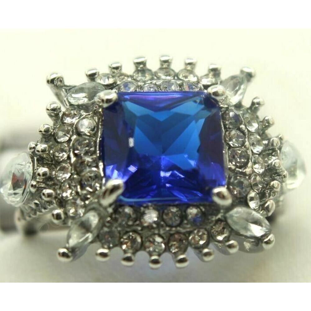Faux Blue Tanzanite Clear Rhinestone Silver Cocktail Ring • Size7